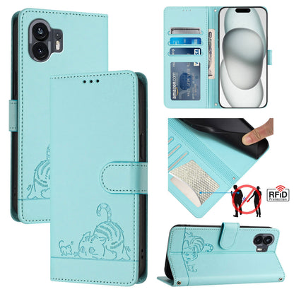 Nothing Phone 2A Leather Phone Case with Cat and Rat Embossed Pattern, RFID Protection, Card Holder Slots, Anti-fall Feature & Lanyard
