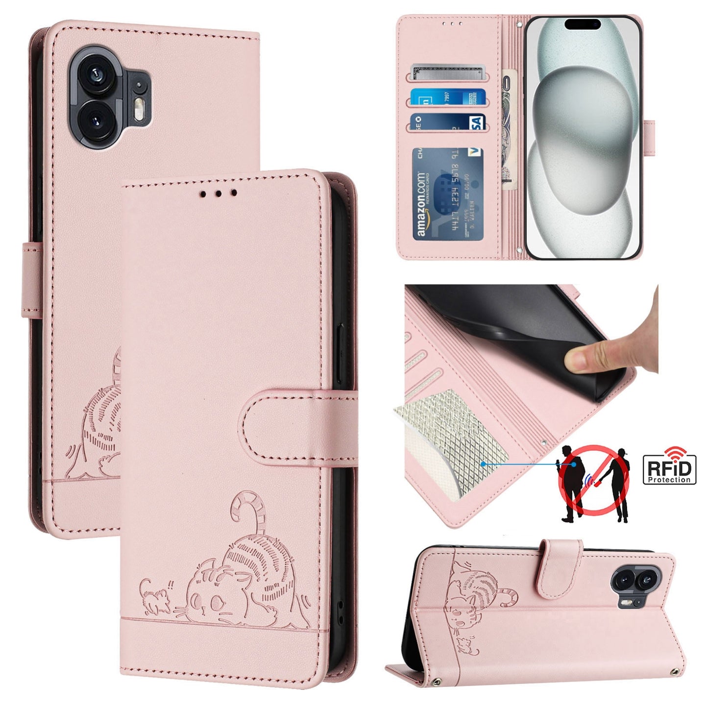 Nothing Phone 2A Leather Phone Case with Cat and Rat Embossed Pattern, RFID Protection, Card Holder Slots, Anti-fall Feature & Lanyard