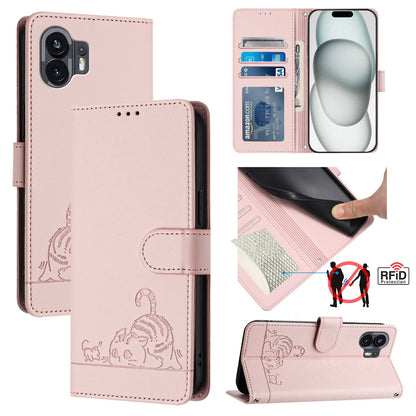 Nothing Phone 2A Leather Phone Case with Cat and Rat Embossed Pattern, RFID Protection, Card Holder Slots, Anti-fall Feature & Lanyard