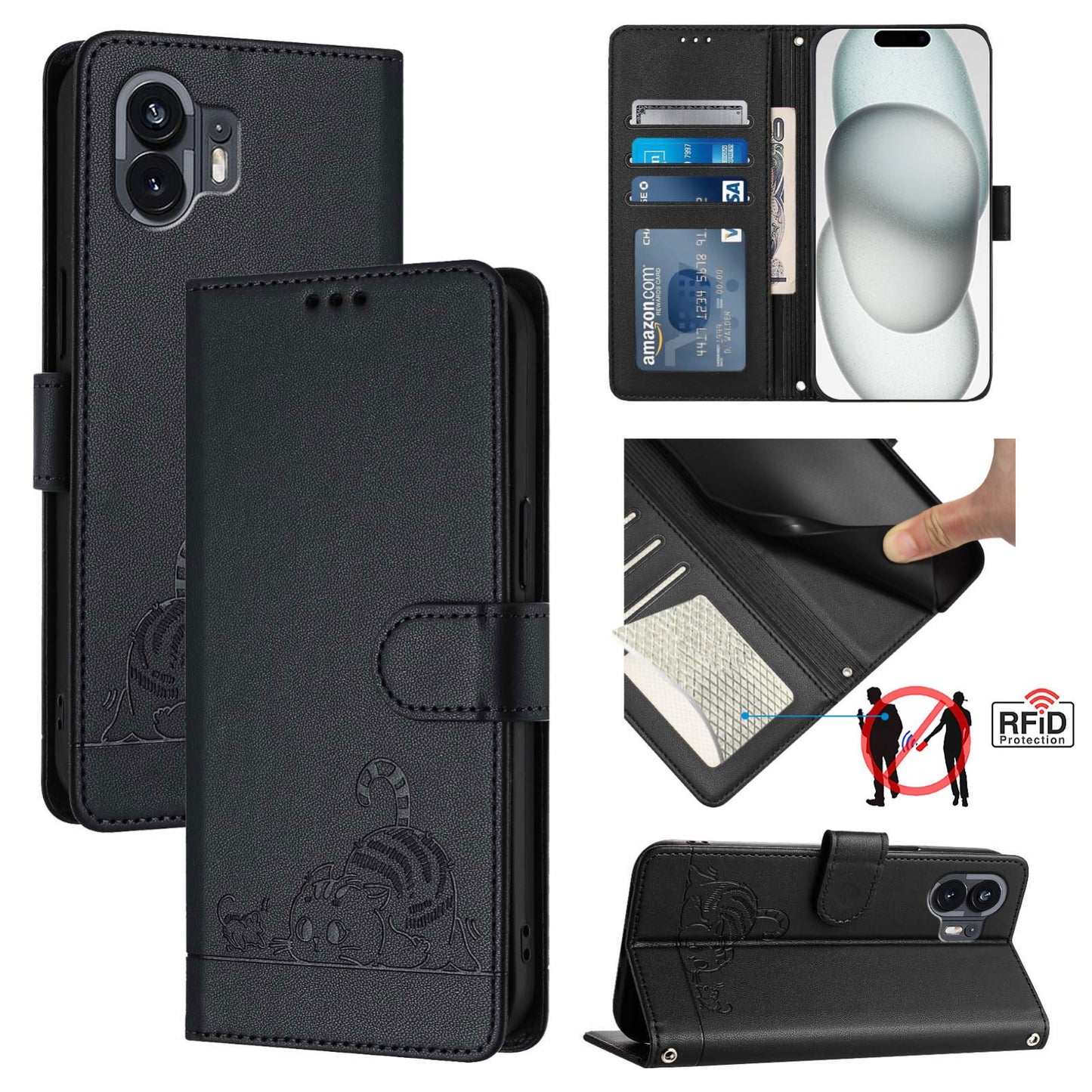 Nothing Phone 2A Leather Phone Case with Cat and Rat Embossed Pattern, RFID Protection, Card Holder Slots, Anti-fall Feature & Lanyard