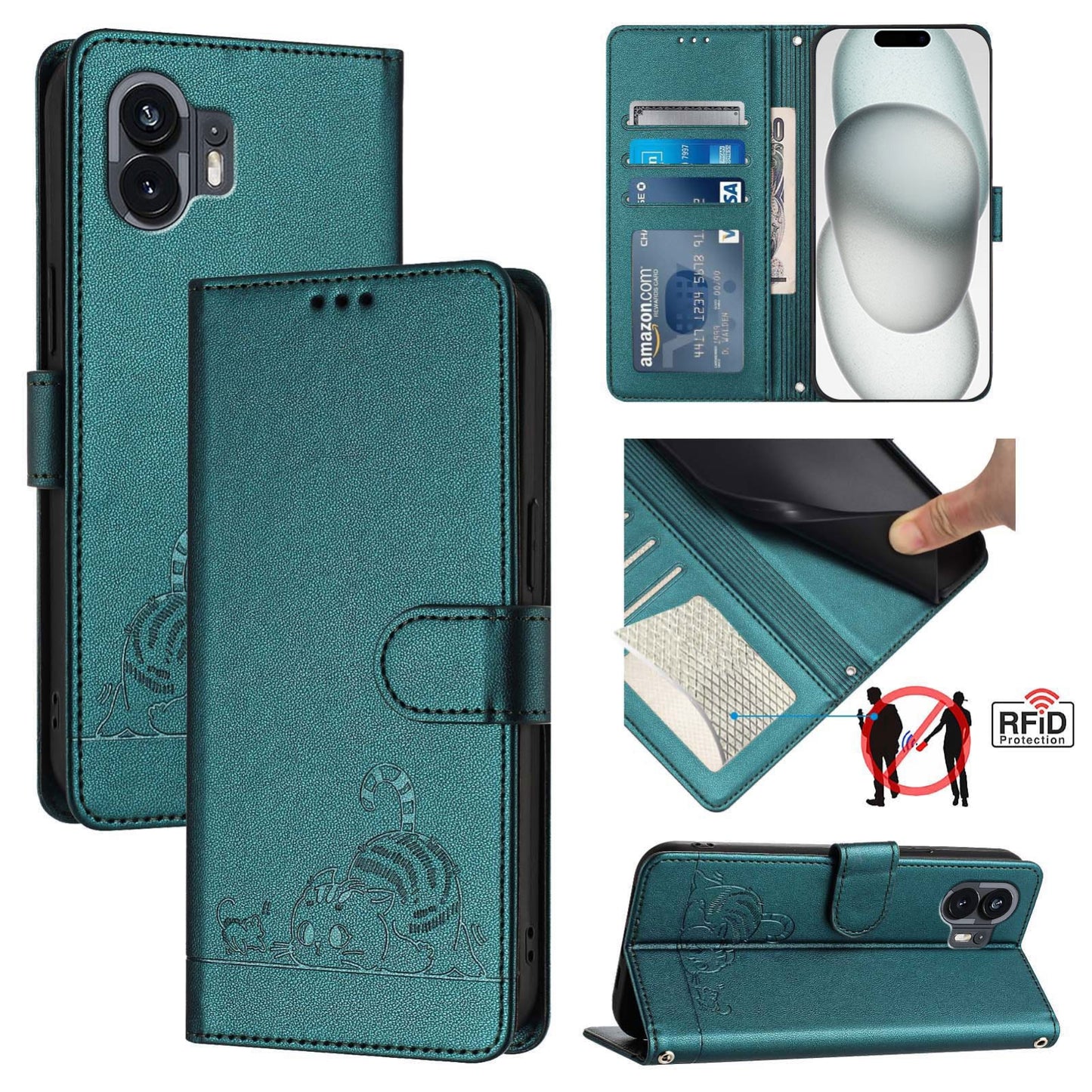 Nothing Phone 2A Leather Phone Case with Cat and Rat Embossed Pattern, RFID Protection, Card Holder Slots, Anti-fall Feature & Lanyard