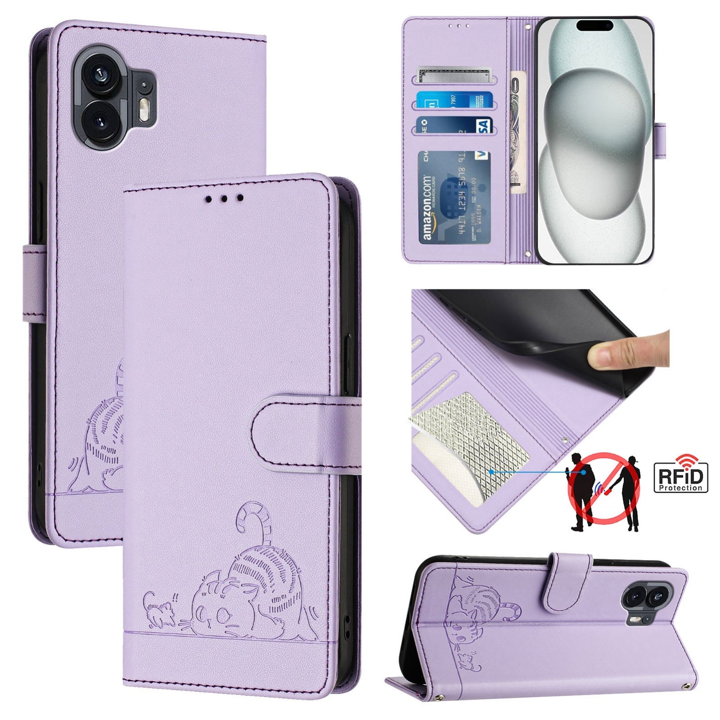 Nothing Phone 2A Leather Phone Case with Cat and Rat Embossed Pattern, RFID Protection, Card Holder Slots, Anti-fall Feature & Lanyard