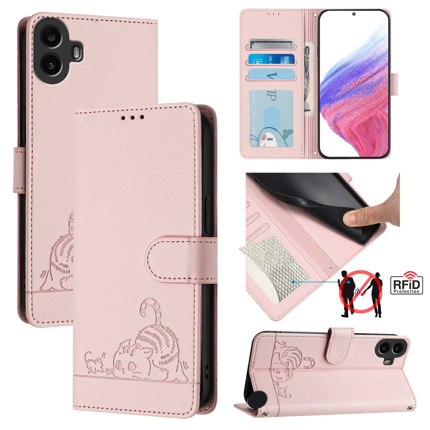 Nothing CMF Phone 1 Leather Phone Case with Cat and Rat Embossed Pattern, RFID Protection, Card Holder Slots, Anti-fall Feature & Lanyard