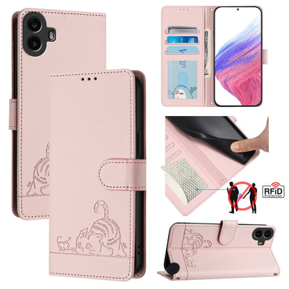 Nothing CMF Phone 1 Leather Phone Case with Cat and Rat Embossed Pattern, RFID Protection, Card Holder Slots, Anti-fall Feature & Lanyard