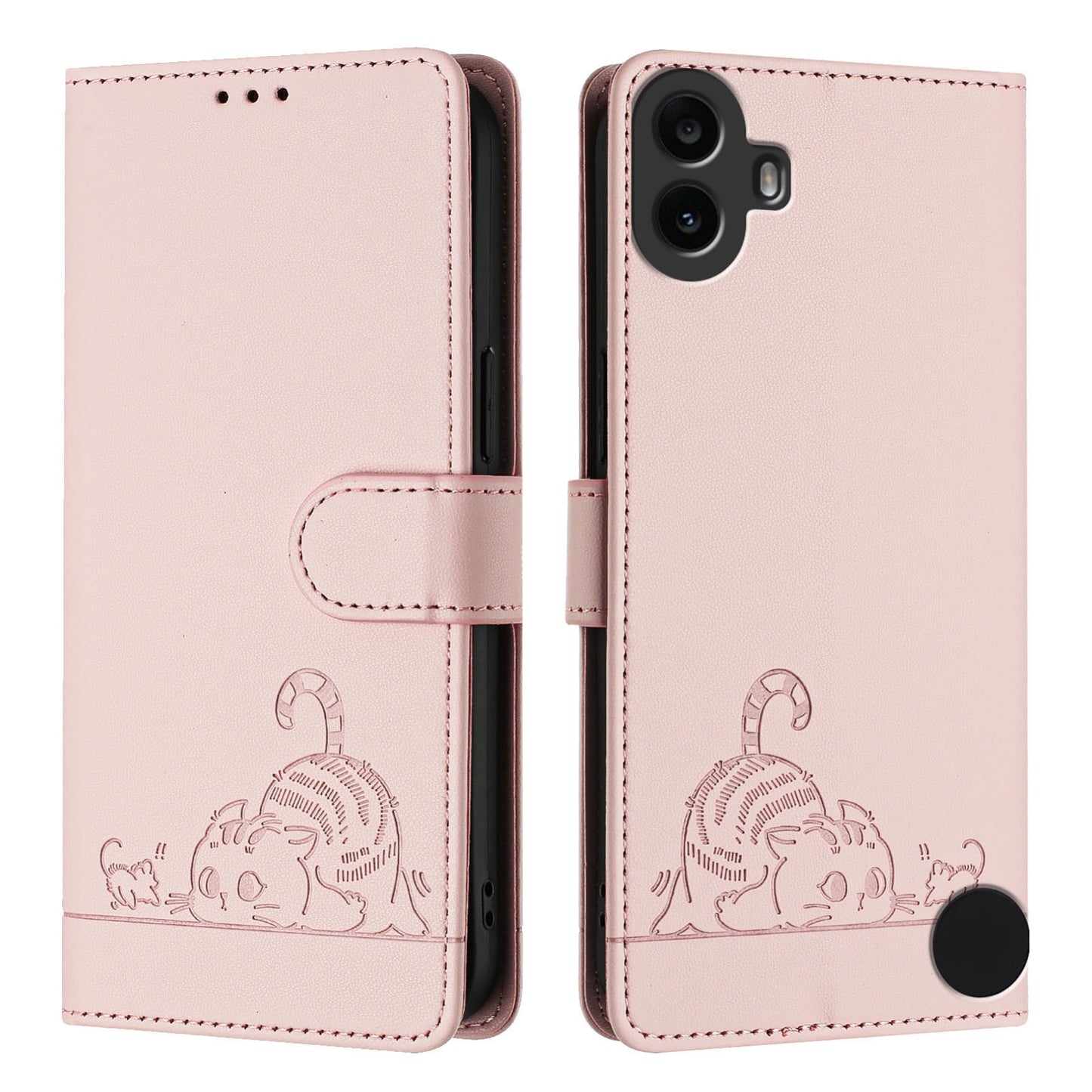Nothing CMF Phone 1 Leather Phone Case with Cat and Rat Embossed Pattern, RFID Protection, Card Holder Slots, Anti-fall Feature & Lanyard