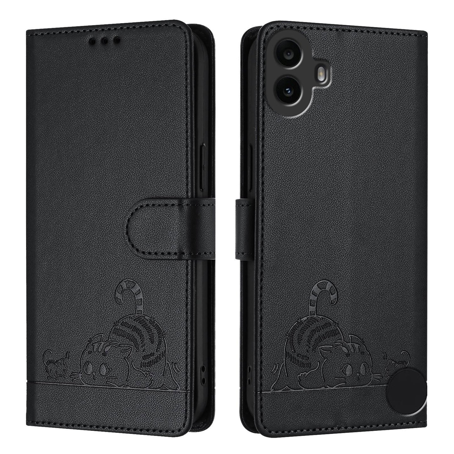 Nothing CMF Phone 1 Leather Phone Case with Cat and Rat Embossed Pattern, RFID Protection, Card Holder Slots, Anti-fall Feature & Lanyard