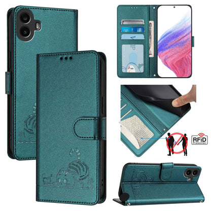 Nothing CMF Phone 1 Leather Phone Case with Cat and Rat Embossed Pattern, RFID Protection, Card Holder Slots, Anti-fall Feature & Lanyard