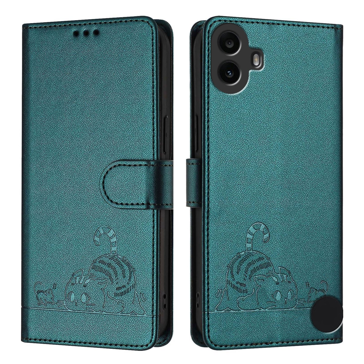 Nothing CMF Phone 1 Leather Phone Case with Cat and Rat Embossed Pattern, RFID Protection, Card Holder Slots, Anti-fall Feature & Lanyard