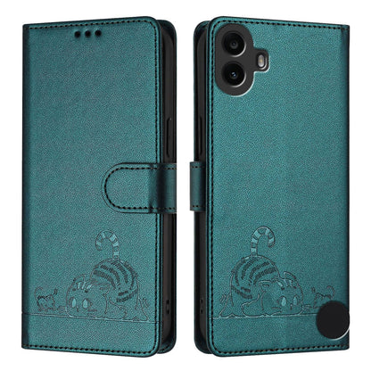 Nothing CMF Phone 1 Leather Phone Case with Cat and Rat Embossed Pattern, RFID Protection, Card Holder Slots, Anti-fall Feature & Lanyard