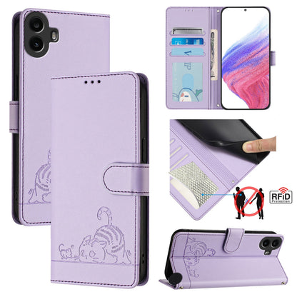 Nothing CMF Phone 1 Leather Phone Case with Cat and Rat Embossed Pattern, RFID Protection, Card Holder Slots, Anti-fall Feature & Lanyard