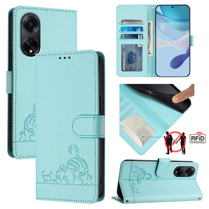 OPPO A98 5G Leather Phone Case with Cat and Rat Embossed Pattern, RFID Protection, Card Holder Slots, Anti-fall Feature & Lanyard