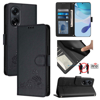 OPPO F23 5G India Leather Phone Case with Cat and Rat Embossed Pattern, RFID Protection, Card Holder Slots, Anti-fall Feature & Lanyard