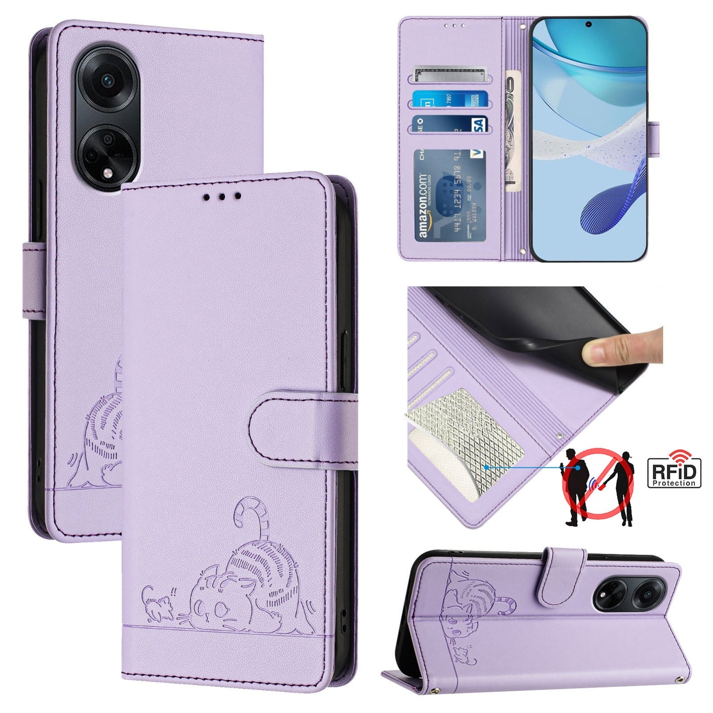 OPPO F23 5G India Leather Phone Case with Cat and Rat Embossed Pattern, RFID Protection, Card Holder Slots, Anti-fall Feature & Lanyard