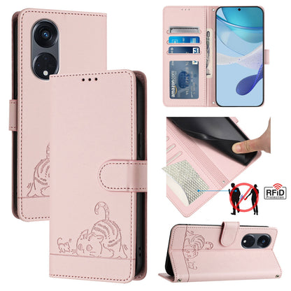 OPPO Reno8 T 5G Global Leather Phone Case with Cat and Rat Embossed Pattern, RFID Protection, Card Holder Slots, Anti-fall Feature & Lanyard