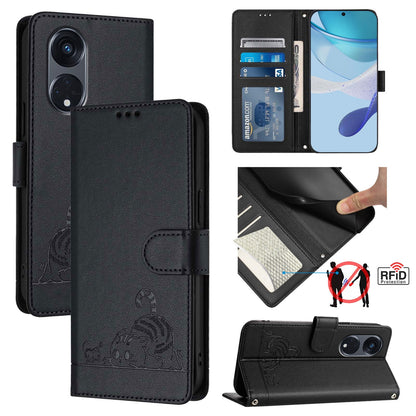 OPPO A1 Pro 5G Leather Phone Case with Cat and Rat Embossed Pattern, RFID Protection, Card Holder Slots, Anti-fall Feature & Lanyard