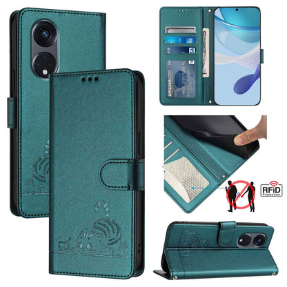 OPPO A1 Pro 5G Leather Phone Case with Cat and Rat Embossed Pattern, RFID Protection, Card Holder Slots, Anti-fall Feature & Lanyard