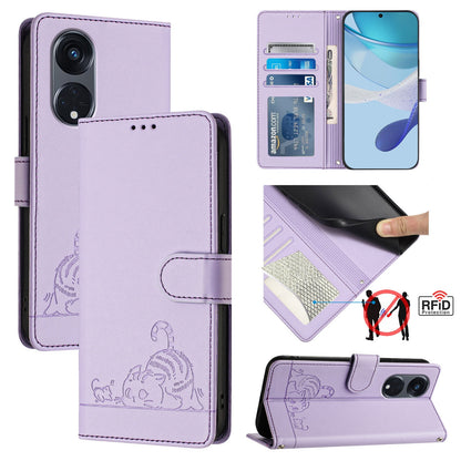 OPPO A1 Pro 5G Leather Phone Case with Cat and Rat Embossed Pattern, RFID Protection, Card Holder Slots, Anti-fall Feature & Lanyard