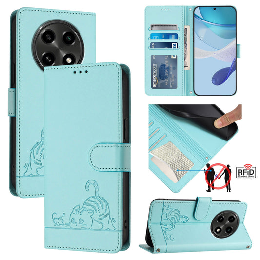 OPPO A2 Pro 5G Leather Phone Case with Cat and Rat Embossed Pattern, RFID Protection, Card Holder Slots, Anti-fall Feature & Lanyard