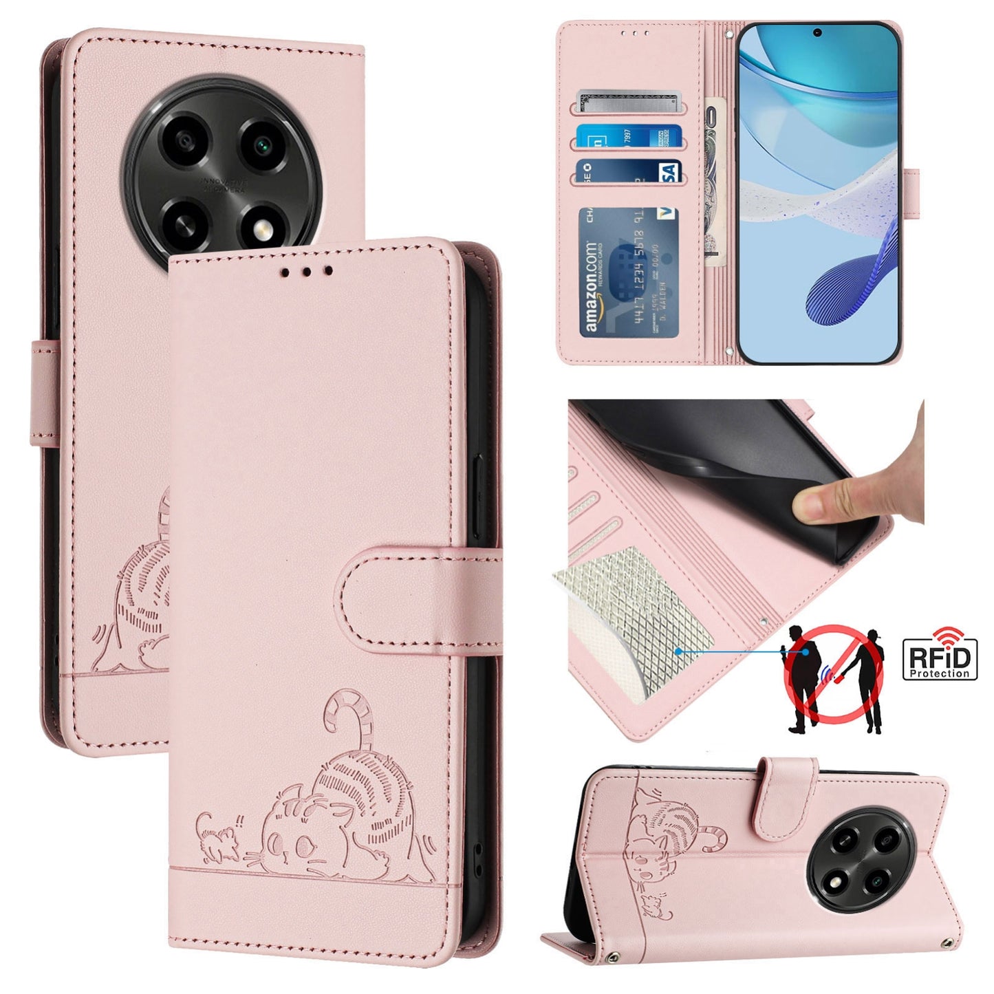 OPPO A2 Pro 5G Leather Phone Case with Cat and Rat Embossed Pattern, RFID Protection, Card Holder Slots, Anti-fall Feature & Lanyard