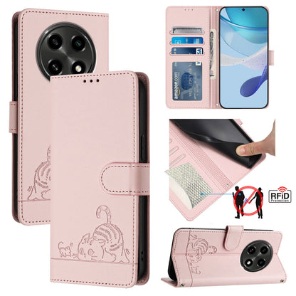 OPPO A2 Pro 5G Leather Phone Case with Cat and Rat Embossed Pattern, RFID Protection, Card Holder Slots, Anti-fall Feature & Lanyard