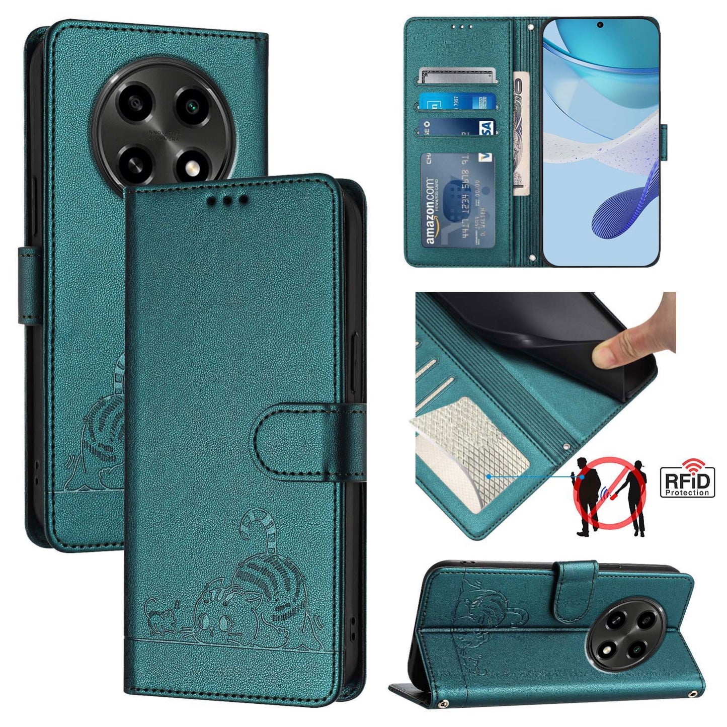 OPPO A2 Pro 5G Leather Phone Case with Cat and Rat Embossed Pattern, RFID Protection, Card Holder Slots, Anti-fall Feature & Lanyard