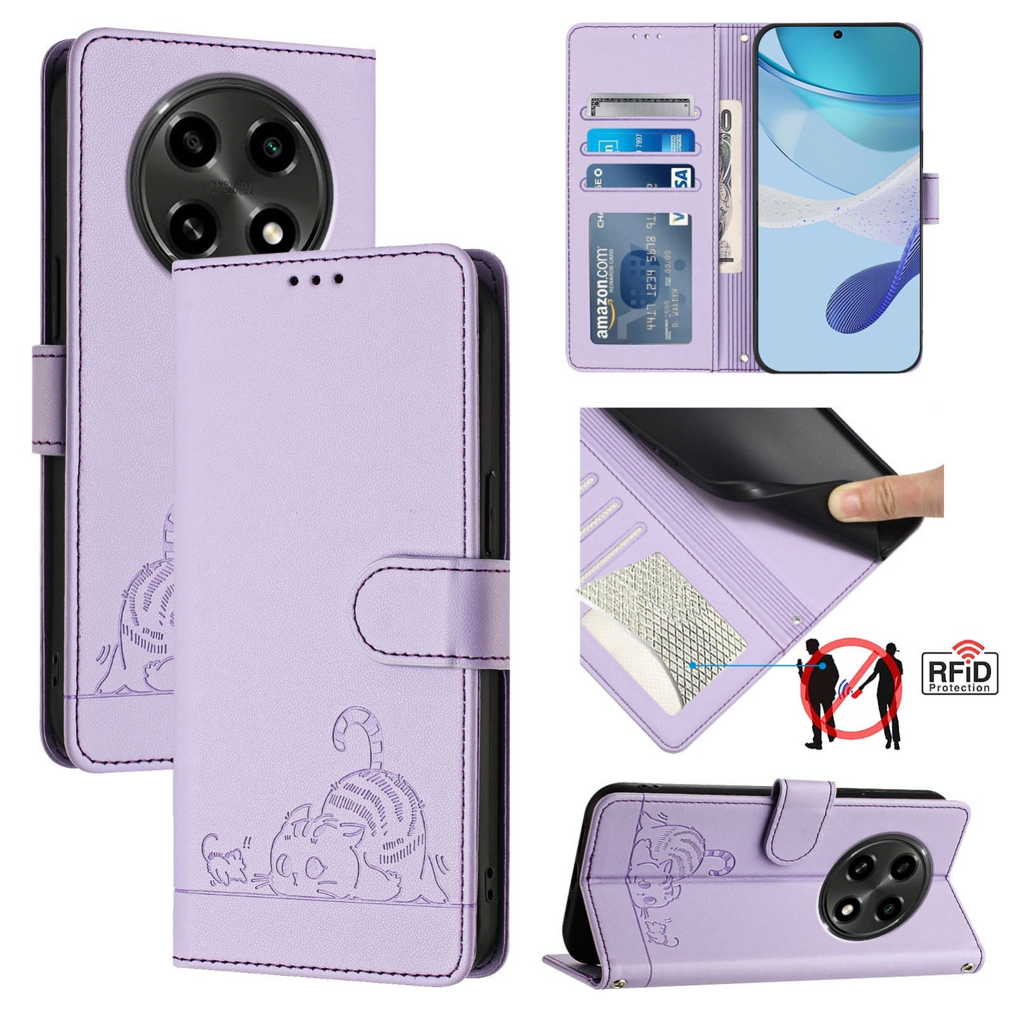 OPPO A2 Pro 5G Leather Phone Case with Cat and Rat Embossed Pattern, RFID Protection, Card Holder Slots, Anti-fall Feature & Lanyard