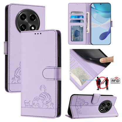 OPPO A3 Pro 5G Leather Phone Case with Cat and Rat Embossed Pattern, RFID Protection, Card Holder Slots, Anti-fall Feature & Lanyard