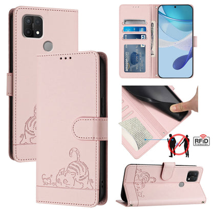 OPPO A15 Leather Phone Case with Cat and Rat Embossed Pattern, RFID Protection, Card Holder Slots, Anti-fall Feature & Lanyard