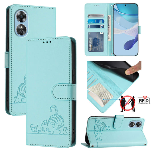 OPPO A17 4G Global Leather Phone Case with Cat and Rat Embossed Pattern, RFID Protection, Card Holder Slots, Anti-fall Feature & Lanyard