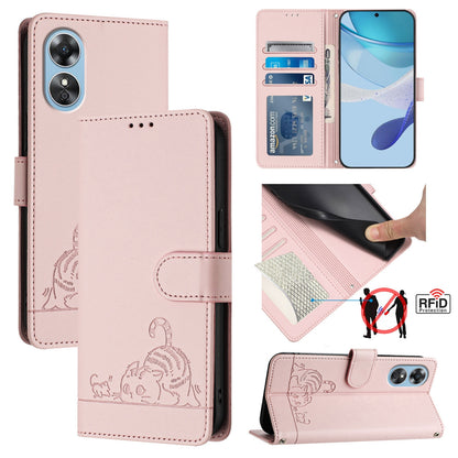 OPPO A17 4G Global Leather Phone Case with Cat and Rat Embossed Pattern, RFID Protection, Card Holder Slots, Anti-fall Feature & Lanyard