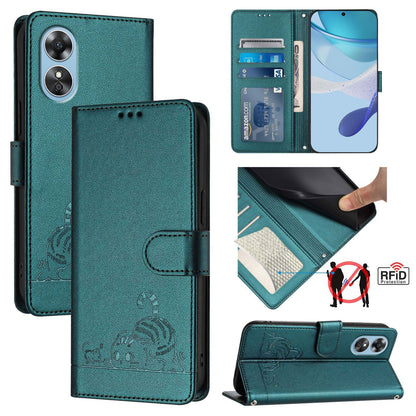 OPPO A17 4G Global Leather Phone Case with Cat and Rat Embossed Pattern, RFID Protection, Card Holder Slots, Anti-fall Feature & Lanyard