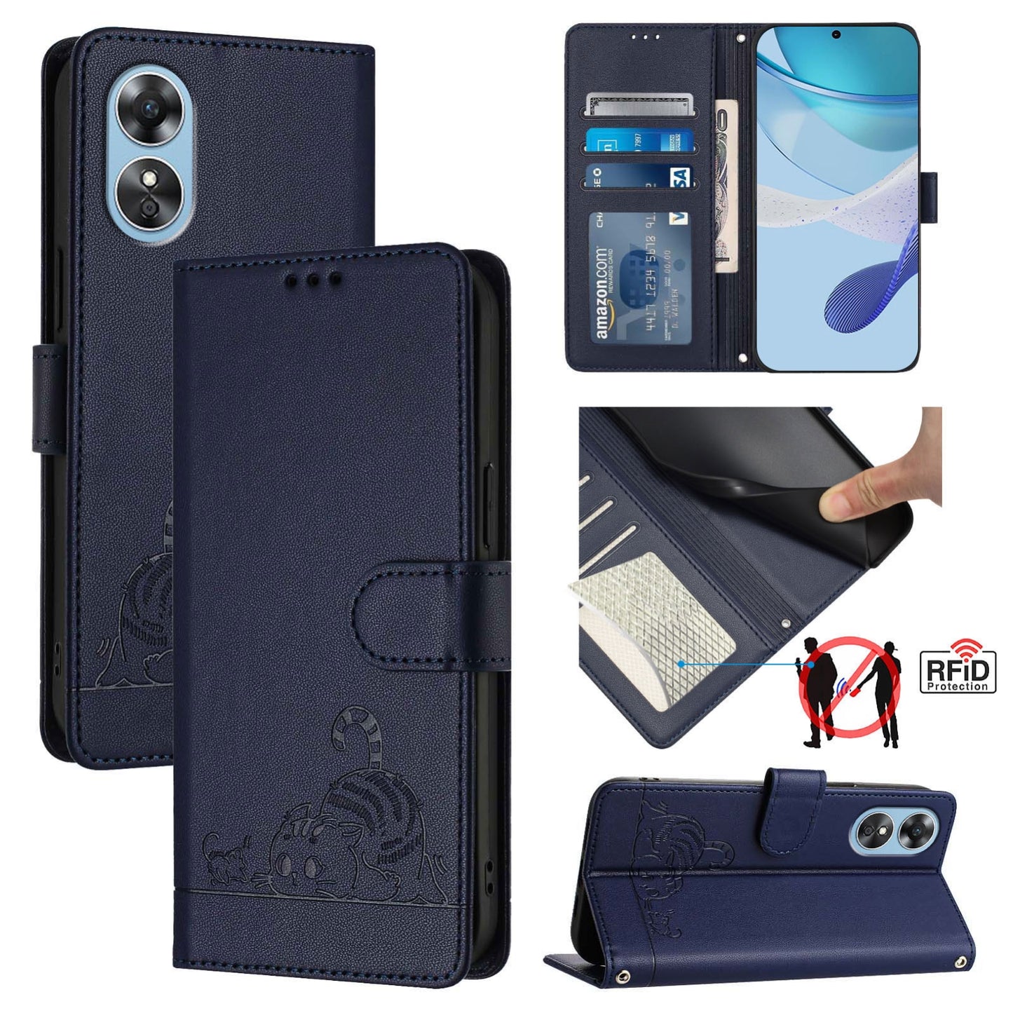 OPPO A17 4G Global Leather Phone Case with Cat and Rat Embossed Pattern, RFID Protection, Card Holder Slots, Anti-fall Feature & Lanyard