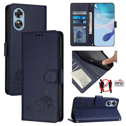OPPO A17 4G Global Leather Phone Case with Cat and Rat Embossed Pattern, RFID Protection, Card Holder Slots, Anti-fall Feature & Lanyard