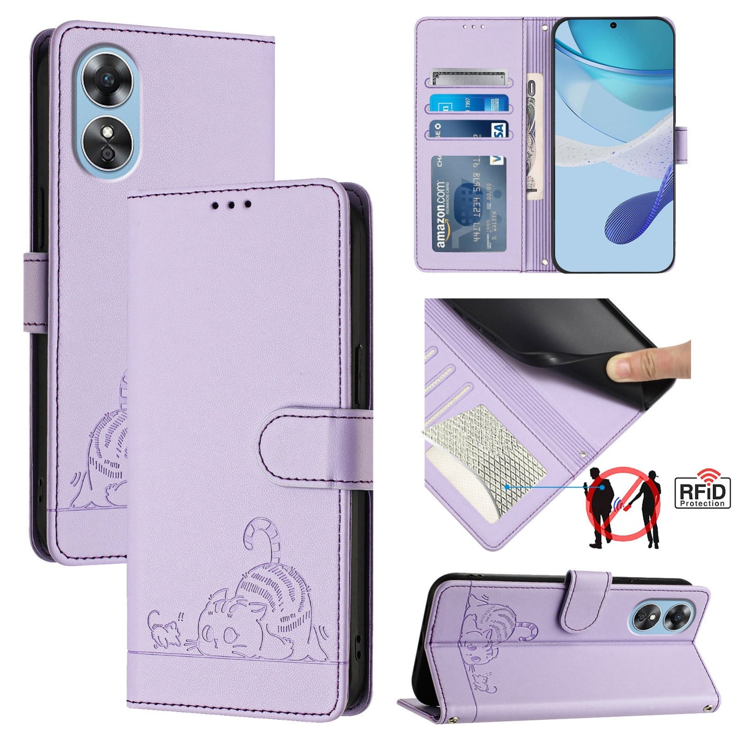 OPPO A17 4G Global Leather Phone Case with Cat and Rat Embossed Pattern, RFID Protection, Card Holder Slots, Anti-fall Feature & Lanyard