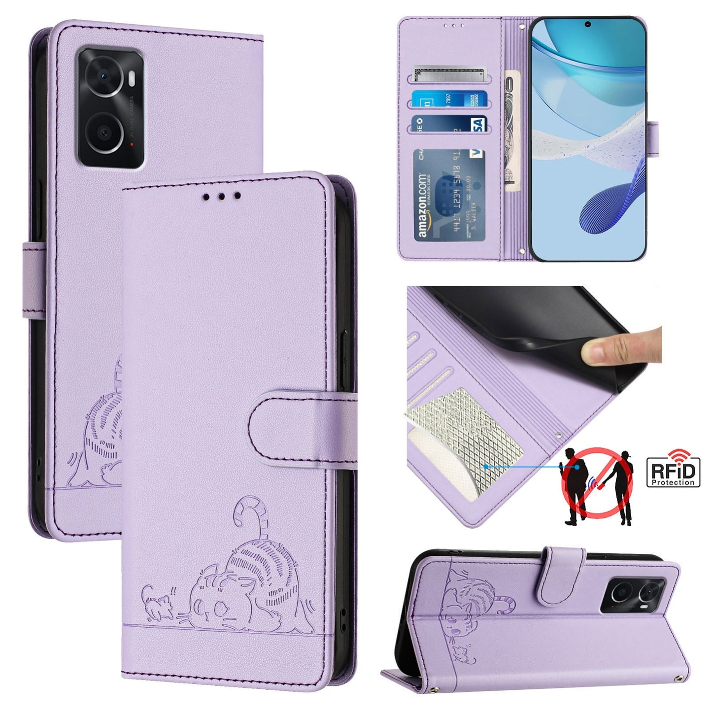 OPPO A36 4G Leather Phone Case with Cat and Rat Embossed Pattern, RFID Protection, Card Holder Slots, Anti-fall Feature & Lanyard