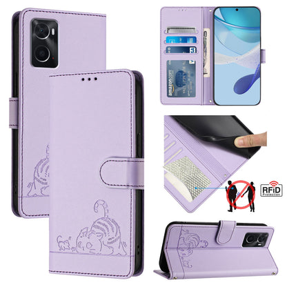 OPPO A76 4G Leather Phone Case with Cat and Rat Embossed Pattern, RFID Protection, Card Holder Slots, Anti-fall Feature & Lanyard