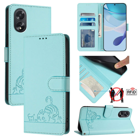 OPPO A18 4G Global Leather Phone Case with Cat and Rat Embossed Pattern, RFID Protection, Card Holder Slots, Anti-fall Feature & Lanyard