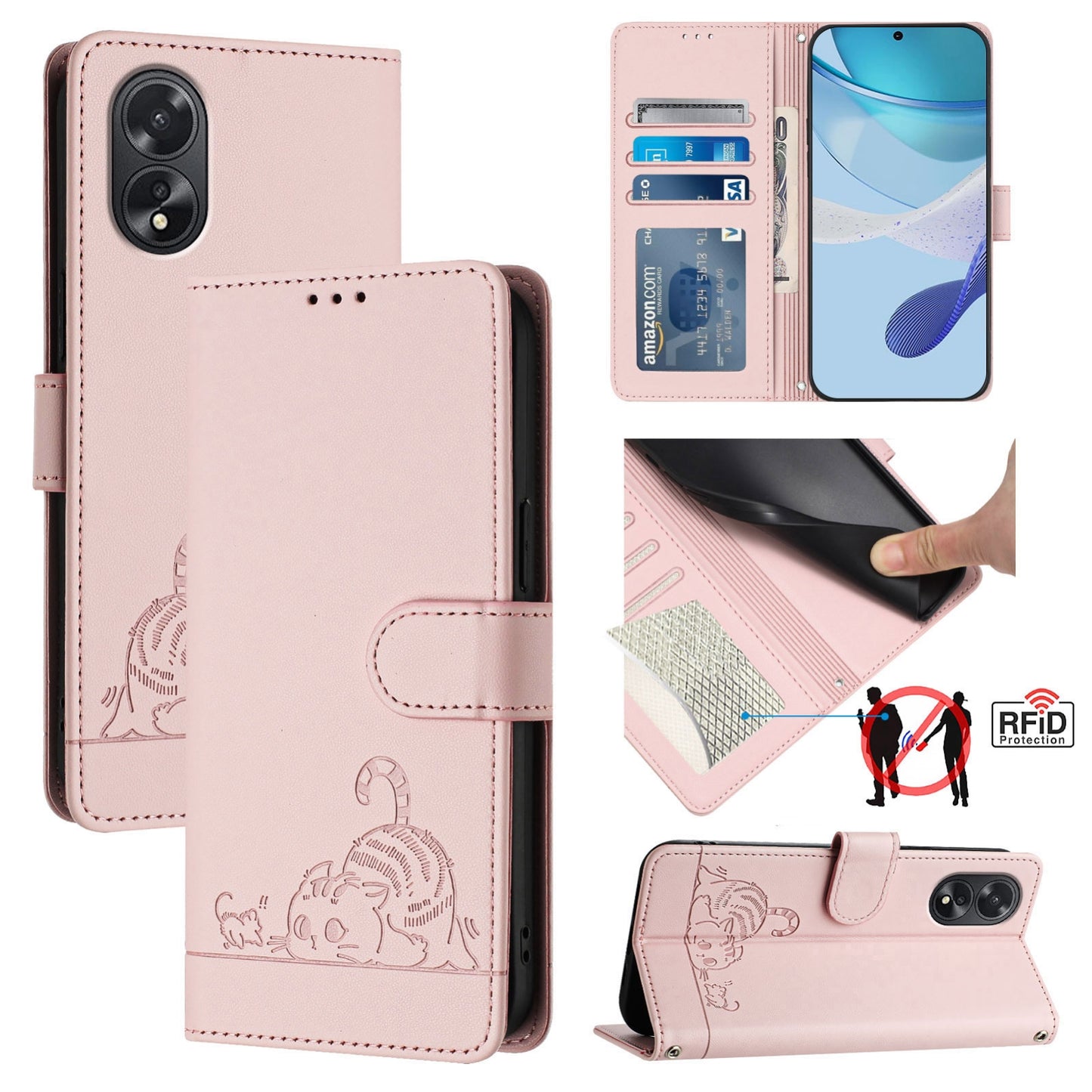 OPPO A18 4G Global Leather Phone Case with Cat and Rat Embossed Pattern, RFID Protection, Card Holder Slots, Anti-fall Feature & Lanyard