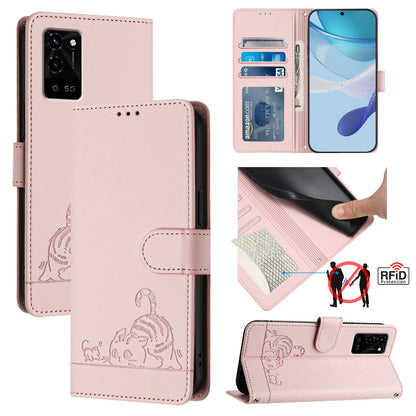 OPPO A54 4G Leather Phone Case with Cat and Rat Embossed Pattern, RFID Protection, Card Holder Slots, Anti-fall Feature & Lanyard