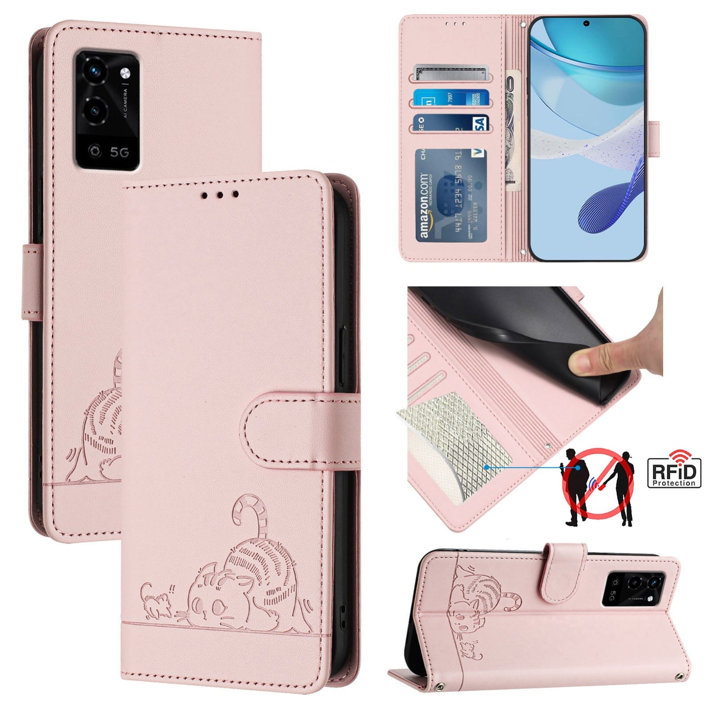 OPPO A54S Leather Phone Case with Cat and Rat Embossed Pattern, RFID Protection, Card Holder Slots, Anti-fall Feature & Lanyard