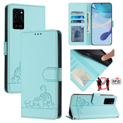 OPPO A16S Leather Phone Case with Cat and Rat Embossed Pattern, RFID Protection, Card Holder Slots, Anti-fall Feature & Lanyard