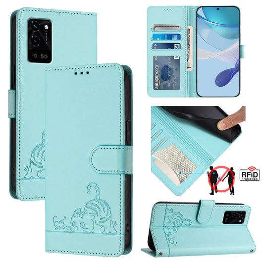 OPPO A16S Leather Phone Case with Cat and Rat Embossed Pattern, RFID Protection, Card Holder Slots, Anti-fall Feature & Lanyard