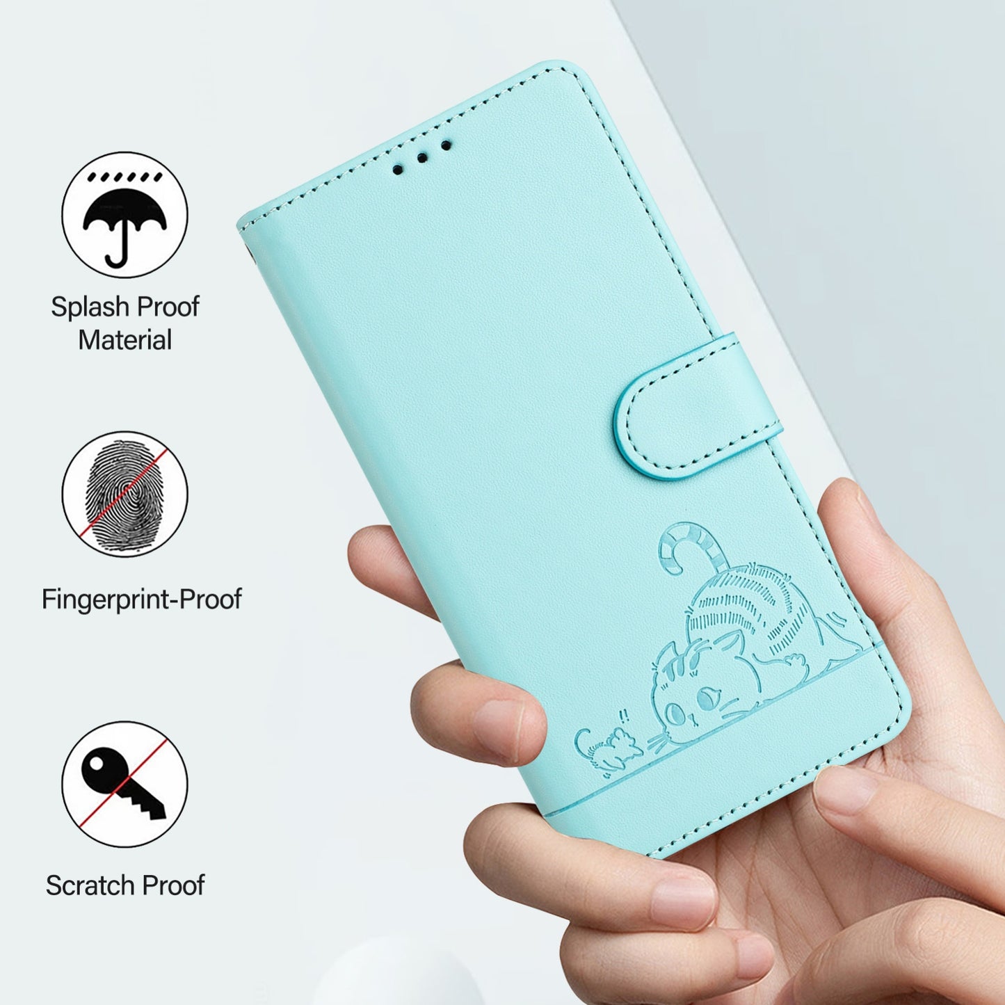 OPPO A16 Leather Phone Case with Cat and Rat Embossed Pattern, RFID Protection, Card Holder Slots, Anti-fall Feature & Lanyard