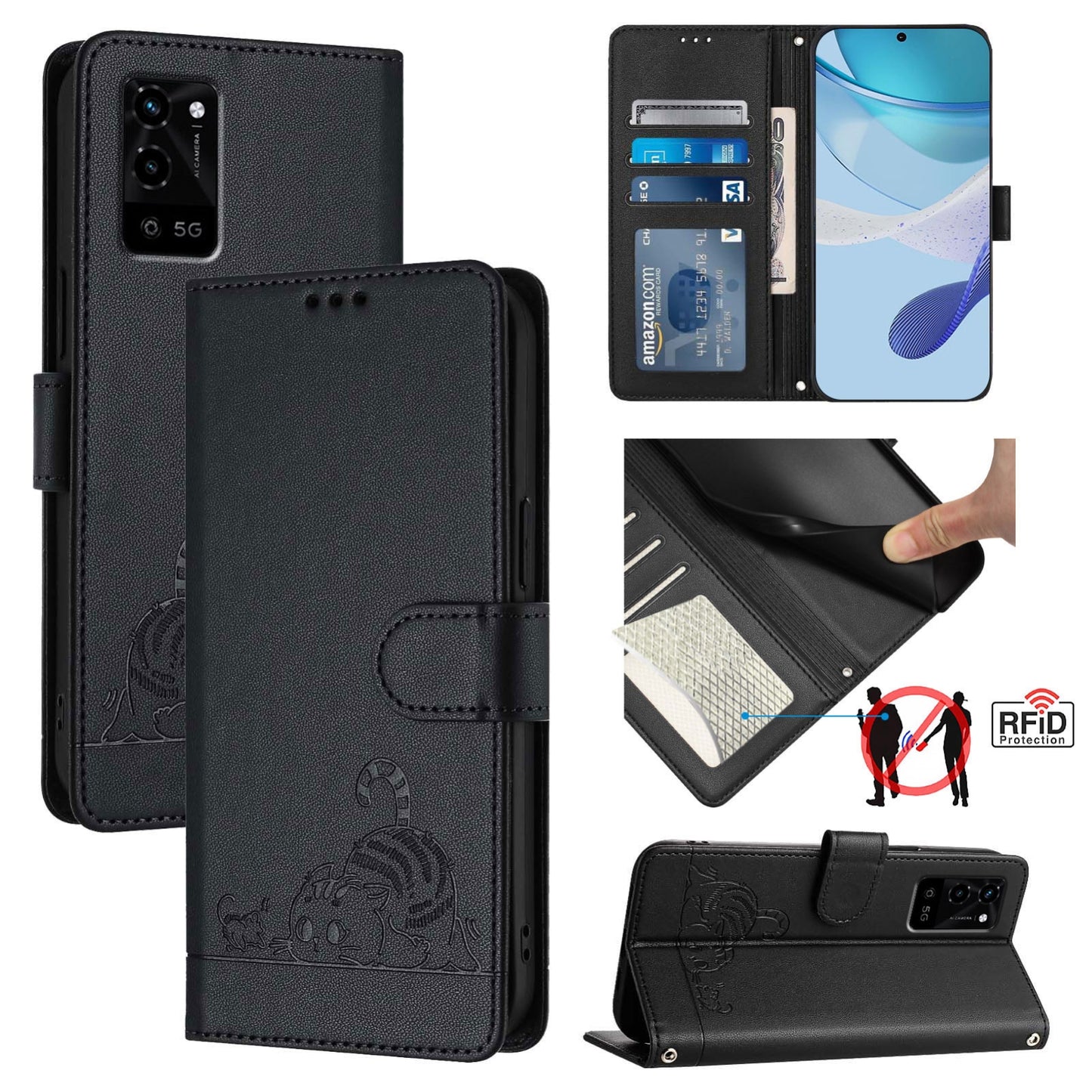 OPPO A16 Leather Phone Case with Cat and Rat Embossed Pattern, RFID Protection, Card Holder Slots, Anti-fall Feature & Lanyard