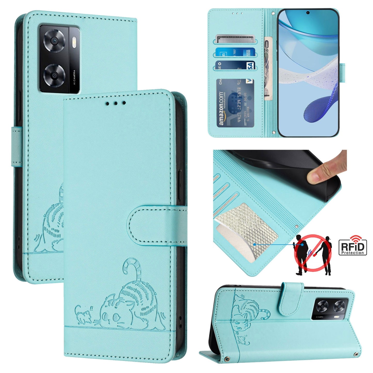 OPPO A57S 4G Global Leather Phone Case with Cat and Rat Embossed Pattern, RFID Protection, Card Holder Slots, Anti-fall Feature & Lanyard