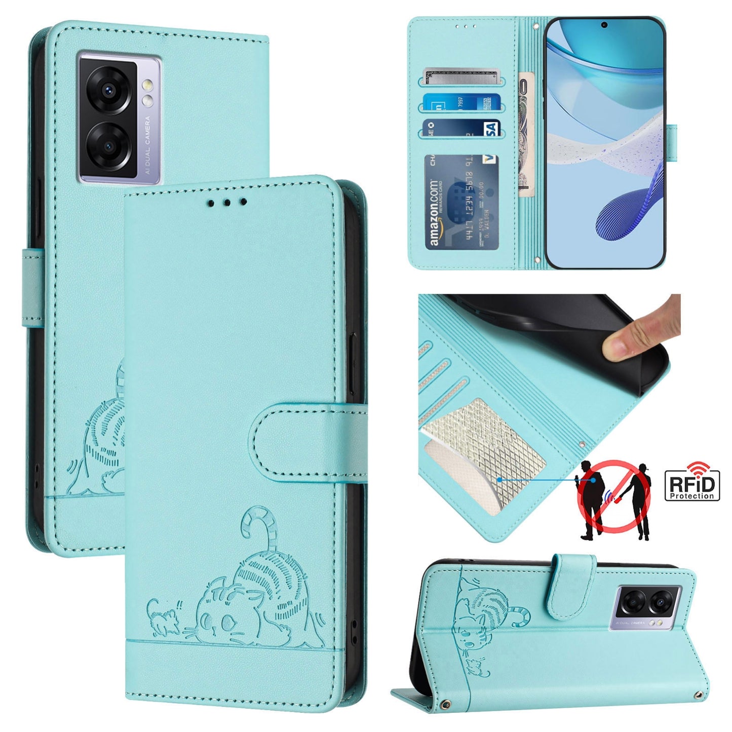 OPPO A97 5G Leather Phone Case with Cat and Rat Embossed Pattern, RFID Protection, Card Holder Slots, Anti-fall Feature & Lanyard