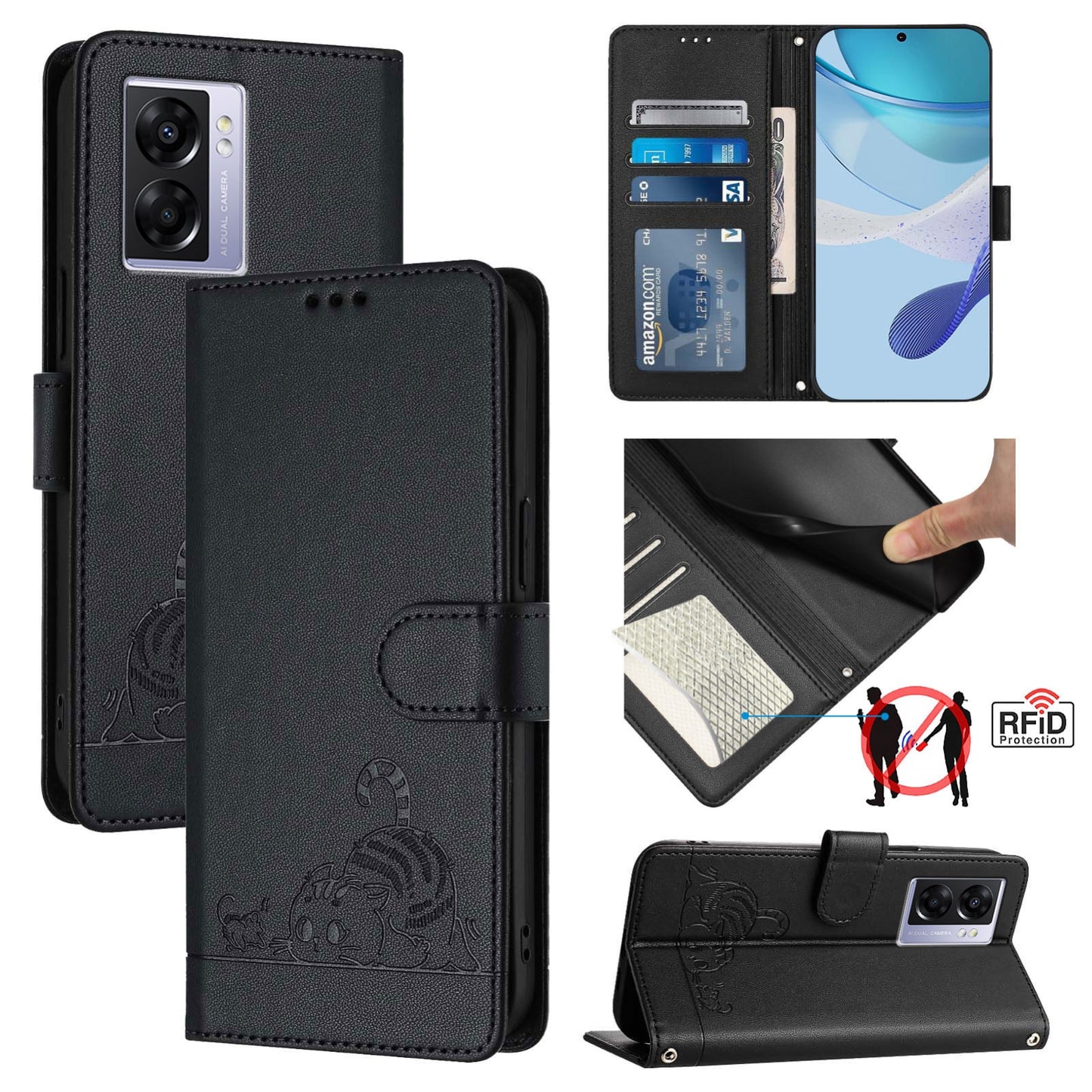 OPPO A77 5G Leather Phone Case with Cat and Rat Embossed Pattern, RFID Protection, Card Holder Slots, Anti-fall Feature & Lanyard