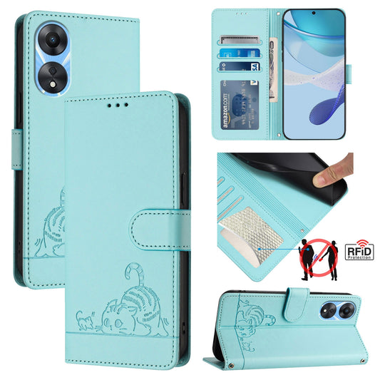 OPPO A1X 5G Leather Phone Case with Cat and Rat Embossed Pattern, RFID Protection, Card Holder Slots, Anti-fall Feature & Lanyard