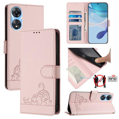OPPO A1X 5G Leather Phone Case with Cat and Rat Embossed Pattern, RFID Protection, Card Holder Slots, Anti-fall Feature & Lanyard