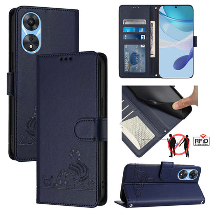 OPPO A1X 5G Leather Phone Case with Cat and Rat Embossed Pattern, RFID Protection, Card Holder Slots, Anti-fall Feature & Lanyard